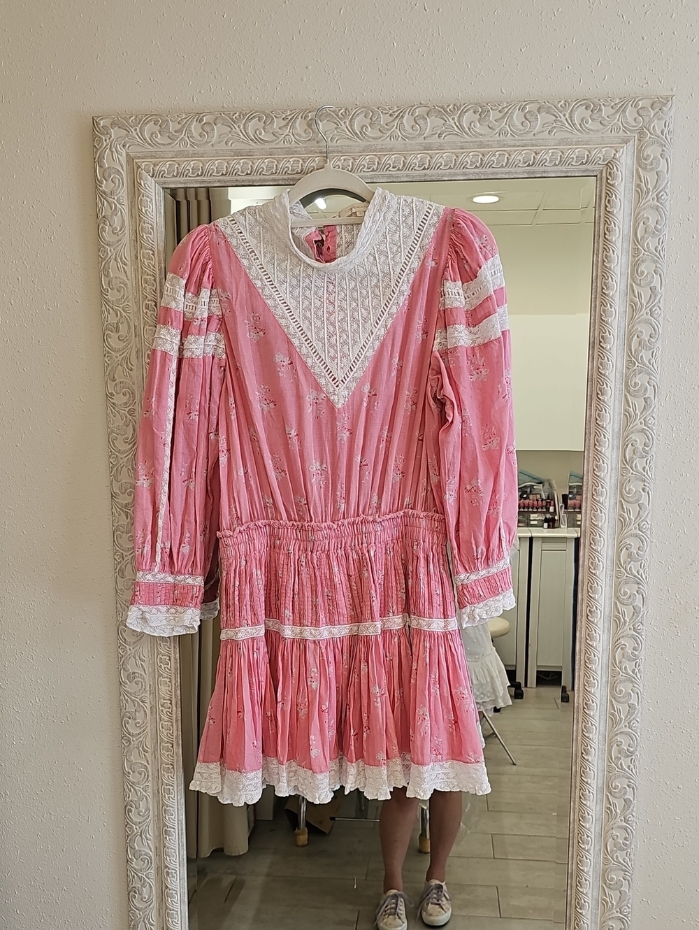 Loveshackfancy Pink Lace Yoke Tiered Dress Size L - 1 Button In Back Is Missing